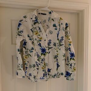 Zara White Blouse with Green Floral Accents